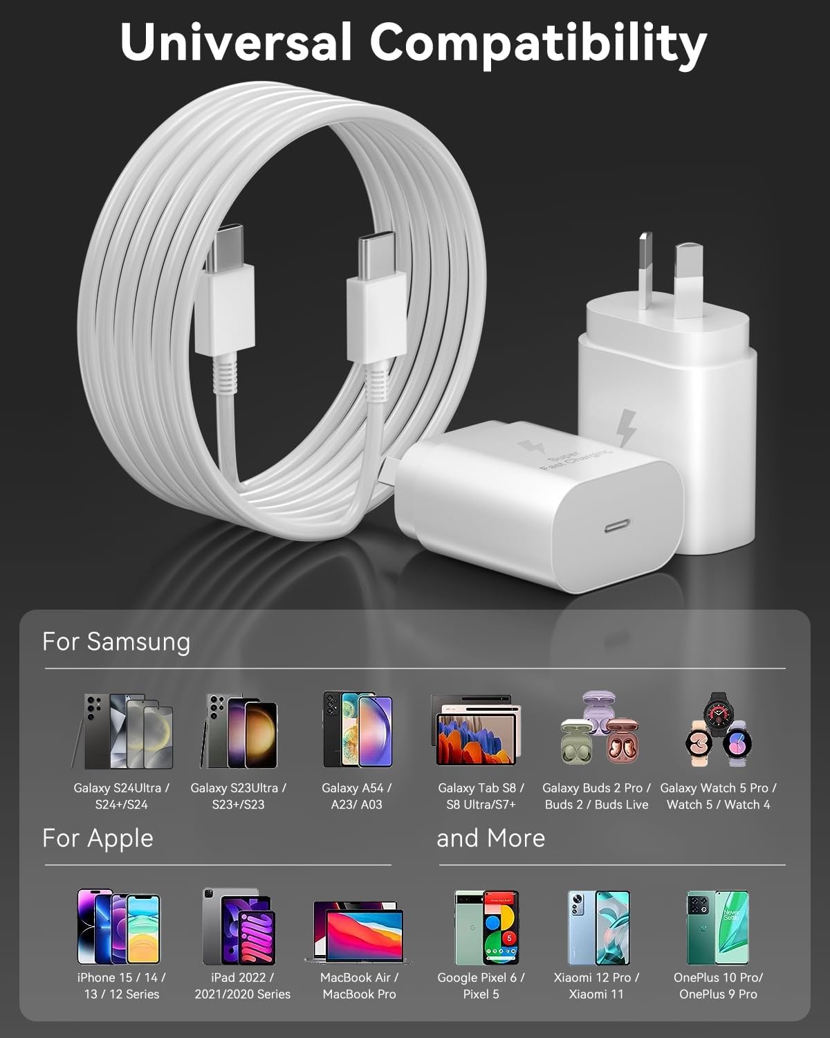 25W Superfast Compatible Wall Charger with USB-C to USB-C cable